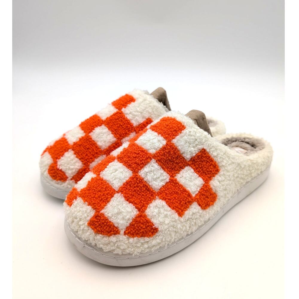 Mia Cozi Faux Fur Check Slide Slippers Women's Orange/Cream Size US9M EU39